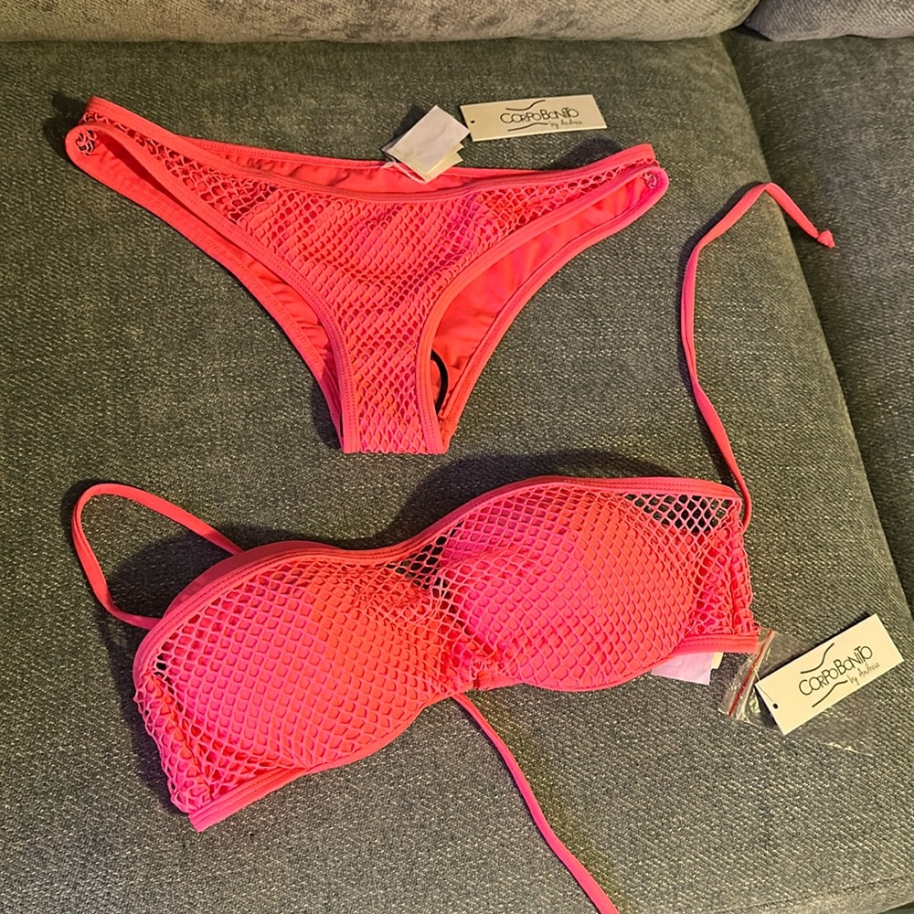 Bright pink fishnet bikini-size small